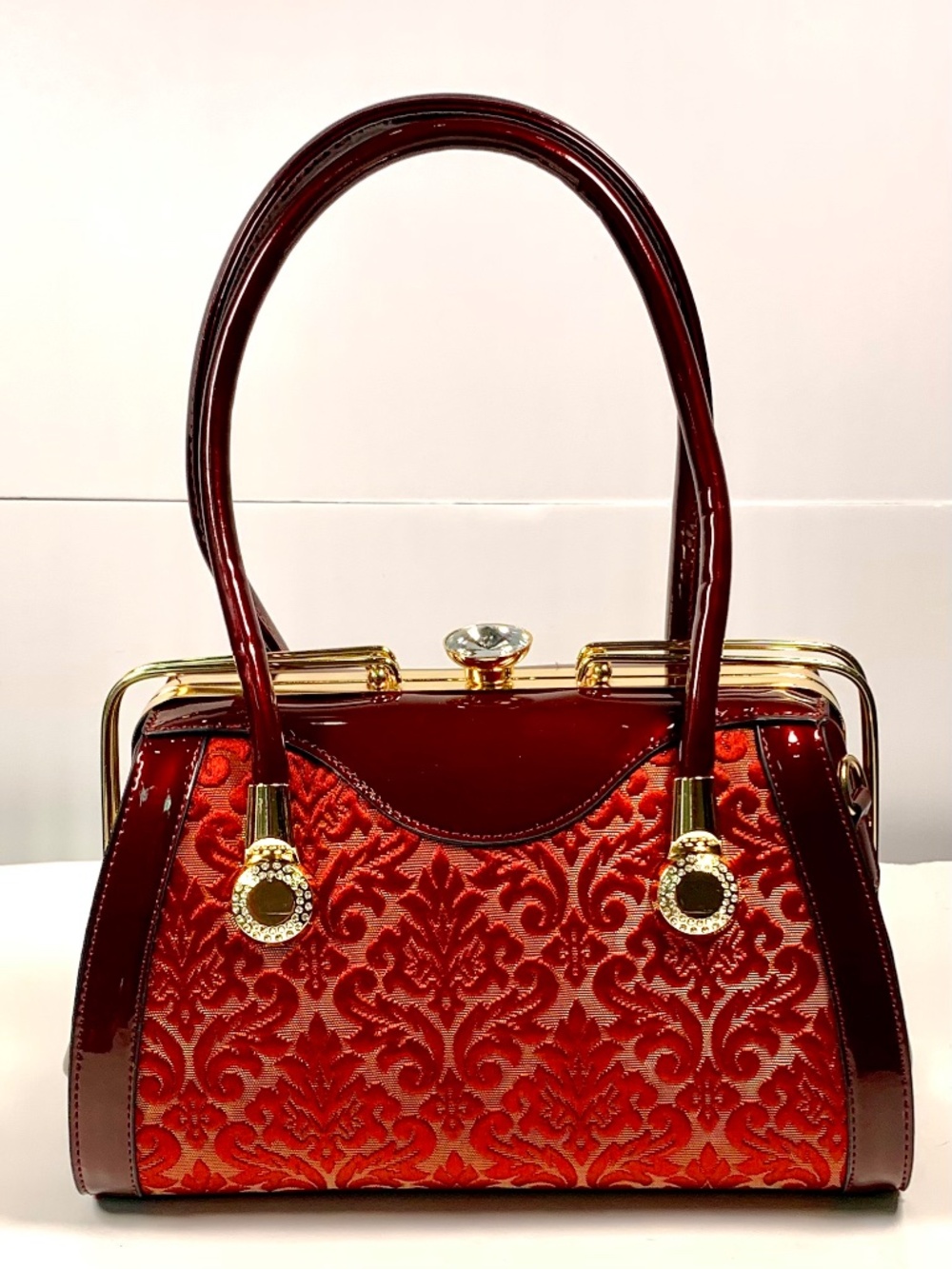 Victorian Burgundy Damask Patent Leather Top Handle Satchel Bag Kiss Lock Frame